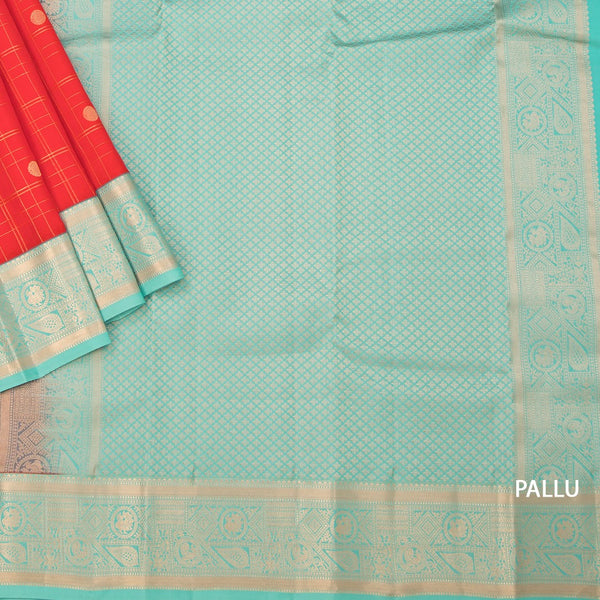 KSSMLSR42239-3-Red-Checked-Silk-Saree-With-Peacock-And-Chakra-Buttas-And-Gold-Zari-Border-pallu