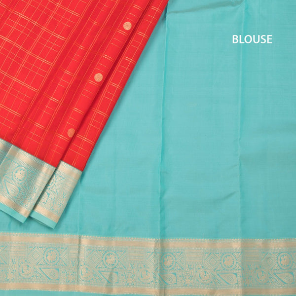 KSSMLSR42239-4-Red-Checked-Silk-Saree-With-Peacock-And-Chakra-Buttas-And-Gold-Zari-Border-blouse