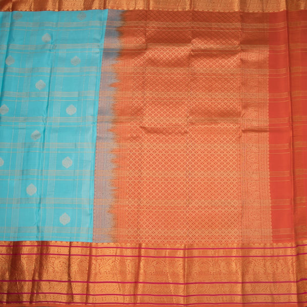 KSSMLSR42242-2-Sky-Blue-Zari-Checked-Silk-Saree-And-Orange-Gold-Zari-Border-full-veiw