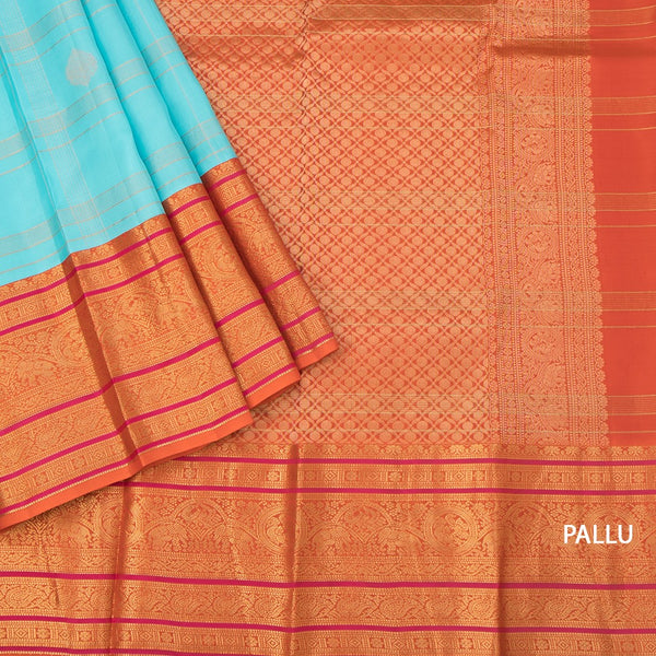 KSSMLSR42242-3-Sky-Blue-Zari-Checked-Silk-Saree-And-Orange-Gold-Zari-Border-pallu