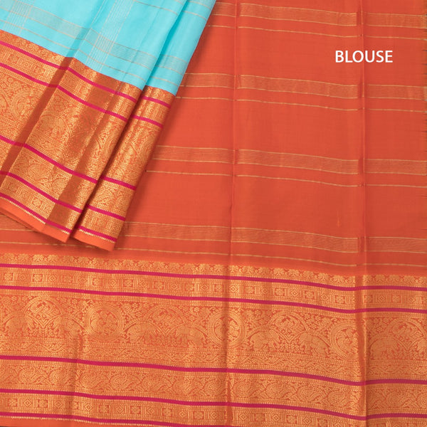KSSMLSR42242-4-Sky-Blue-Zari-Checked-Silk-Saree-And-Orange-Gold-Zari-Border-blouse