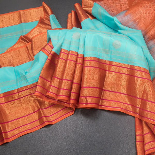KSSMLSR42242-Sky-Blue-Zari-Checked-Silk-Saree-And-Orange-Gold-Zari-Border-main