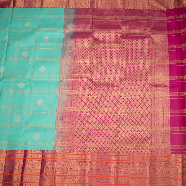 KSSMLSR42243-2-Turquoise-Blue-Zari-Checked-Silk-Saree-And-Pink-Gold-Zari-Border-full-veiw