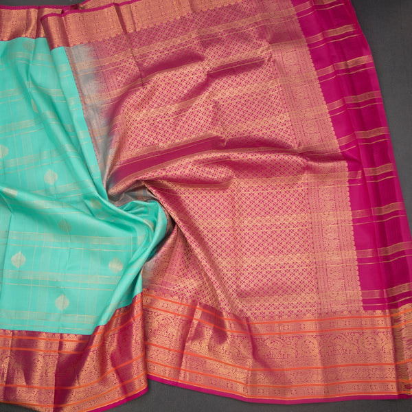 KSSMLSR42243-5-Turquoise-Blue-Zari-Checked-Silk-Saree-And-Pink-Gold-Zari-Border-crush