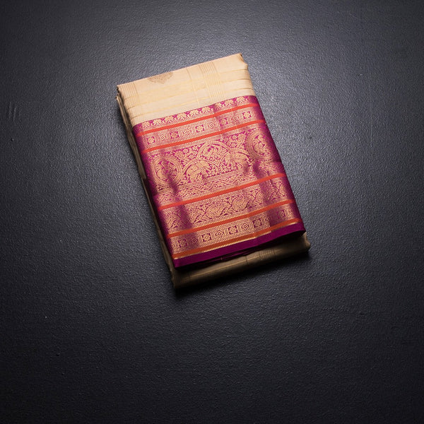 KSSMLSR42244-1-Sandal-Zari-Checked-Silk-Saree-And-Pink-Gold-Zari-Border-fold