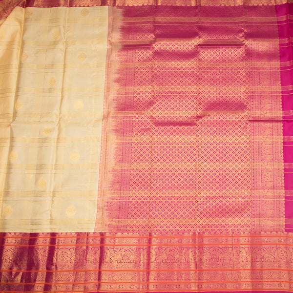 KSSMLSR42244-2-Sandal-Zari-Checked-Silk-Saree-And-Pink-Gold-Zari-Border-full-veiw