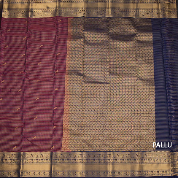 KSSMLSR42478-2-Dark-Pink-Checked-Silk-Saree-With-Birds-Buttas-And-Gold-Zari-Border-pallu
