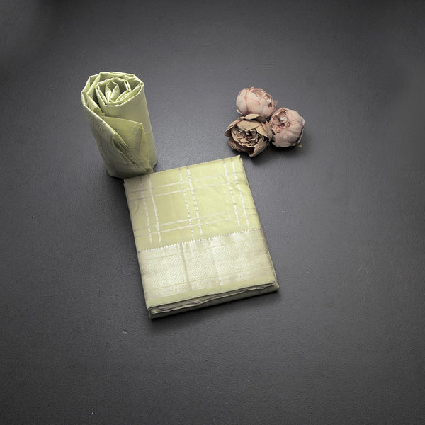 8 X 4 Zari Checked Pista Green Silk Dhoti With Angavastram and Matching Shirt Material