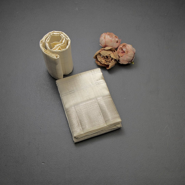 8 X 4 Zari Checked Off White Silk Dhoti With Angavastram and Matching Shirt Material 02