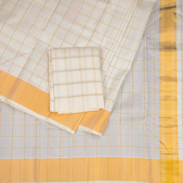 8 X 4 Zari Checked Off White Silk Dhoti With Angavastram and Matching Shirt Material