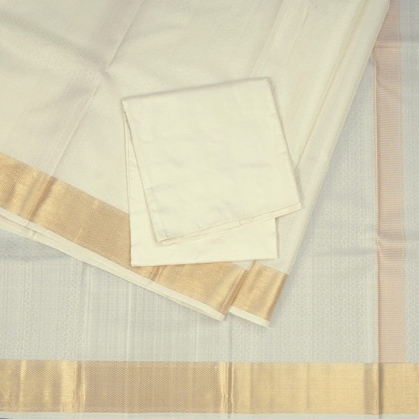 8 X 4 Designer Embossed Off White Silk Dhoti With Angavastram and Matching Shirt Material 02