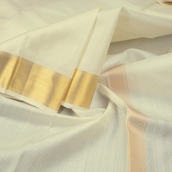 8 X 4 Designer Embossed Off White Silk Dhoti With Angavastram and Matching Shirt Material 02 - Kumaran Silks