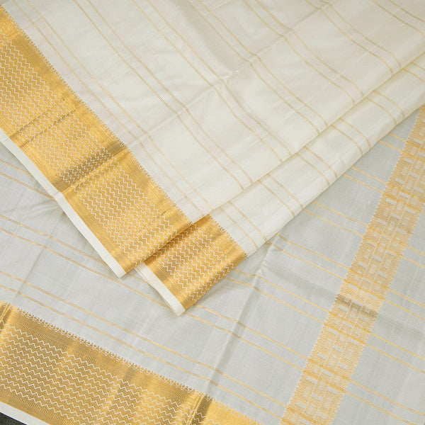 8 X 4 Off White Striped Silk Dhoti With Angavastram and Matching Shirt Material