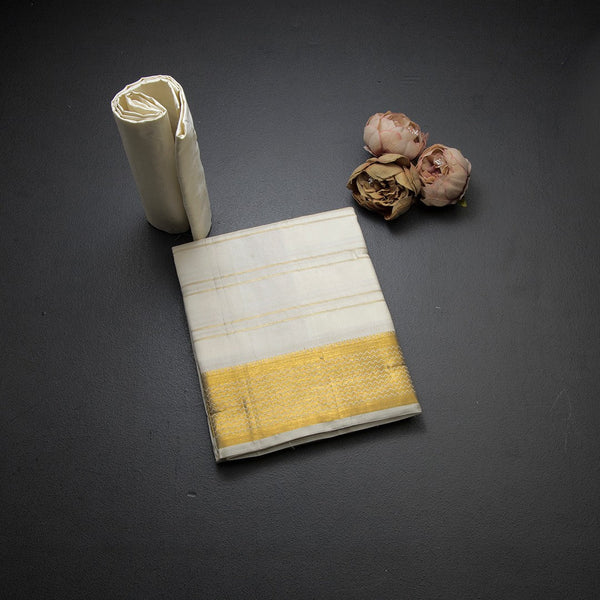 8 X 4 Off White Striped Silk Dhoti With Angavastram and Matching Shirt Material