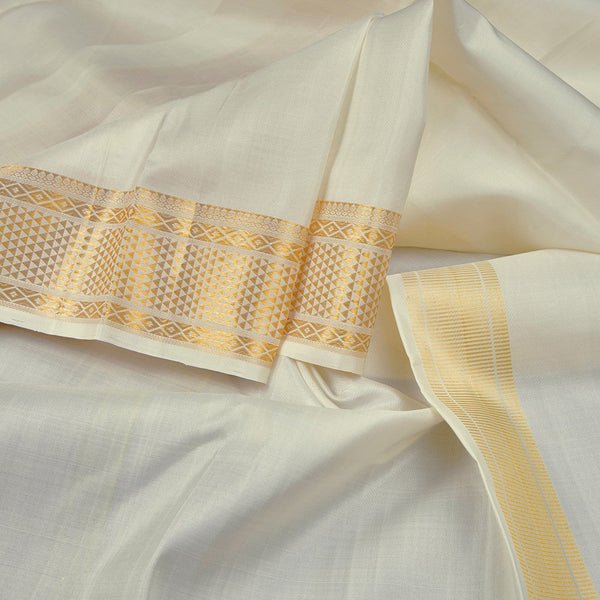 8 X 4 Plain Off White Silk Dhoti With Angavastram and Matching Shirt Material 03