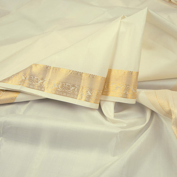 8 X 4 Plain Off White Silk Dhoti With Angavastram and Matching Shirt Material