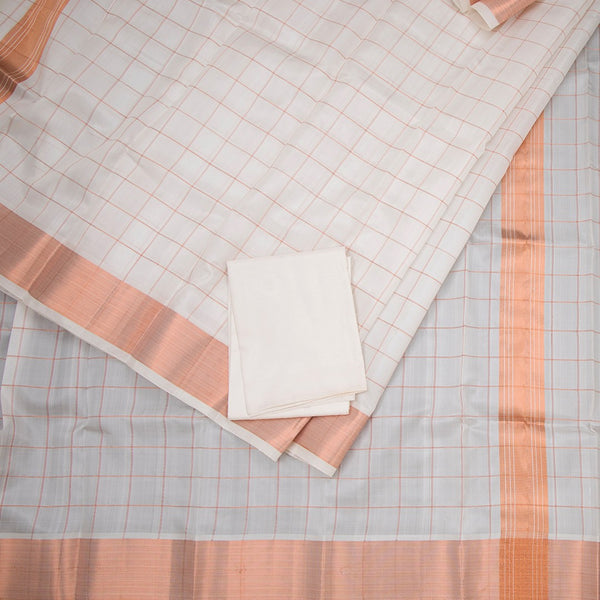 8 X 4 Cream Zari Checked Silk Dhoti With Angavastram And Matching Shirt Material