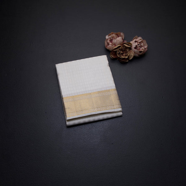 8 X 4 Cream Checked Silk Dhoti With Angavastram And Matching Shirt Material