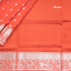 Reddish Orange Soft Silk Saree With Peacock And Mango Buttas In Silver Zari And Animal Motif On Border