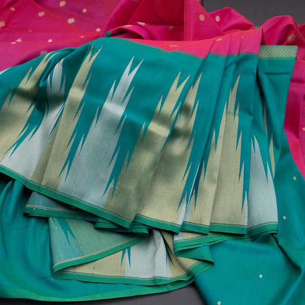 Pink Banarasi Silk Saree With Silver And Temple Gold Zari Border