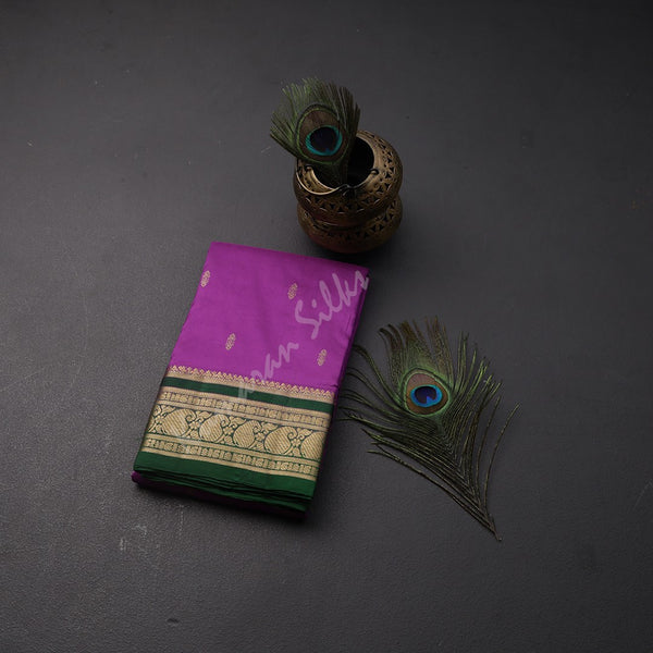 Pure Silk Purple Saree With Gold Zari Buttas And Contrast Border