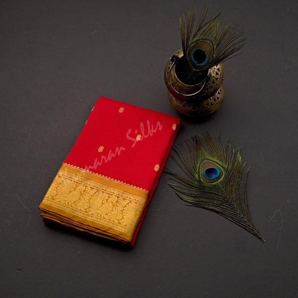 Pure Silk Red Saree With Gold Zari Buttas And Contrast Border 02