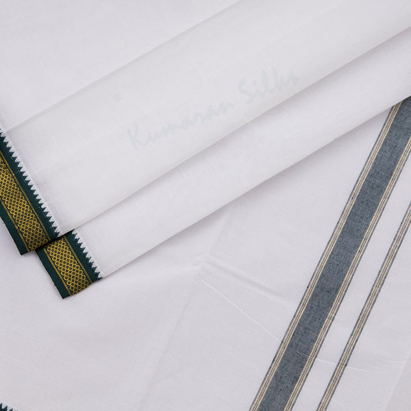 8 Muzham White Cotton Dhoti With Angavastram Red and Green Mayilkan border - Kumaran Silks
