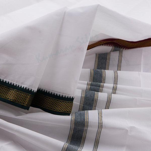 8 Muzham White Cotton Dhoti With Angavastram Red and Green Mayilkan border - Kumaran Silks