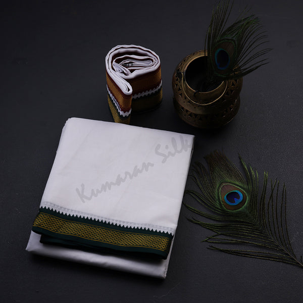 8 Muzham White Cotton Dhoti With Angavastram Red and Green Mayilkan border - Kumaran Silks