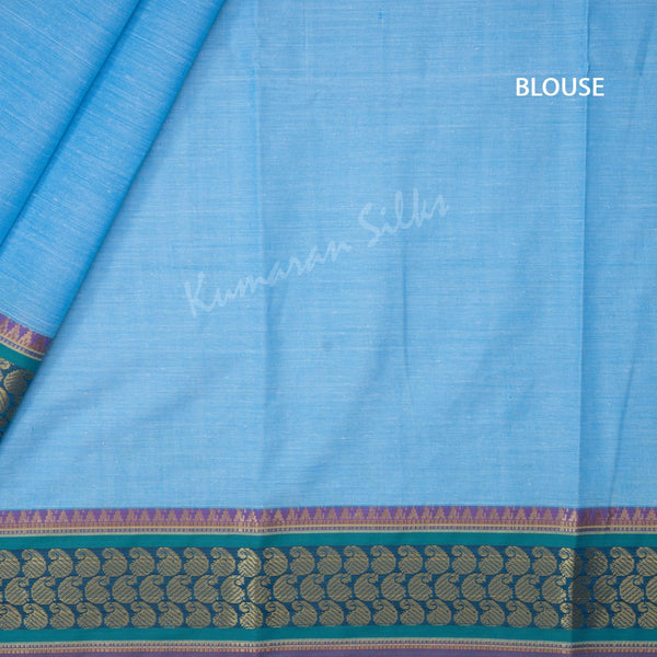 Poly Cotton Blue Plain Saree With Contrast Mango Border