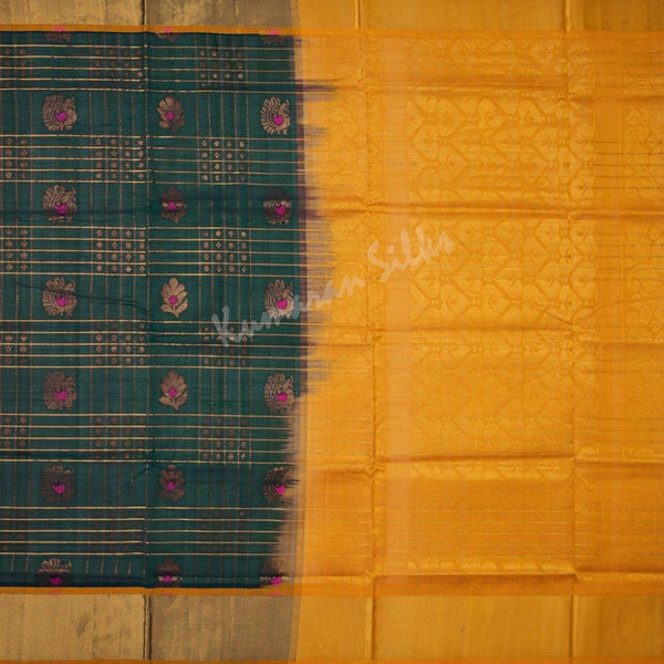 Amirthavarshini Silk Cotton Bottle green Saree With Checked Design - Kumaran Silks