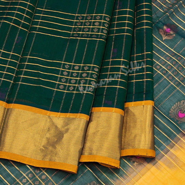 Amirthavarshini Silk Cotton Bottle green Saree With Checked Design - Kumaran Silks