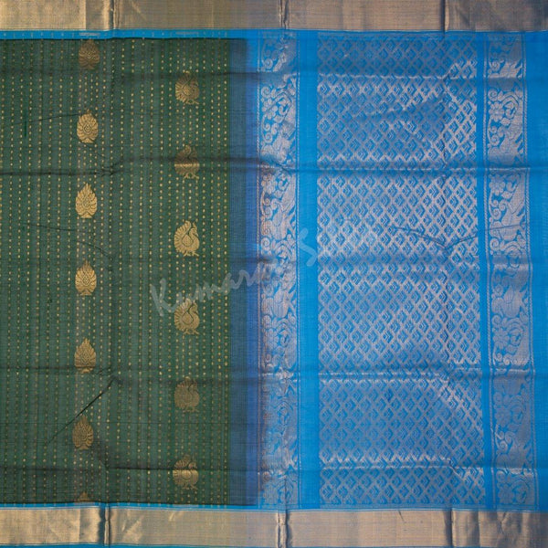Amirthavarshini Silk Cotton Bottle Green Zari Worked Saree - Kumaran Silks