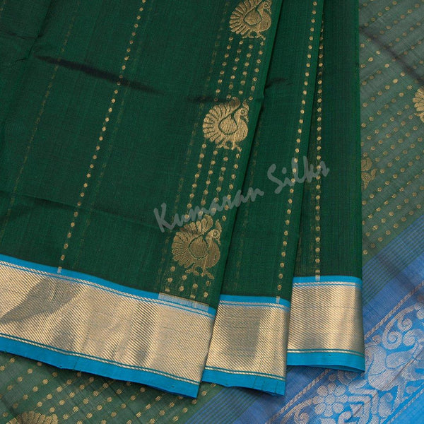 Amirthavarshini Silk Cotton Bottle Green Zari Worked Saree - Kumaran Silks