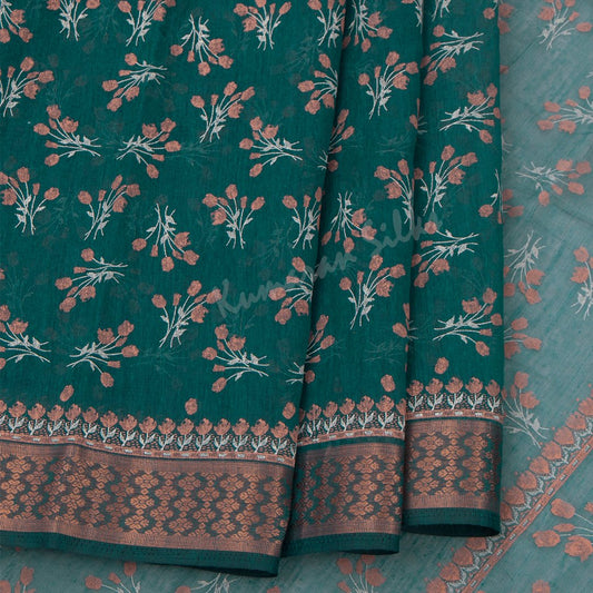 Chanderi Cotton Floral Printed Peacock Blue Saree