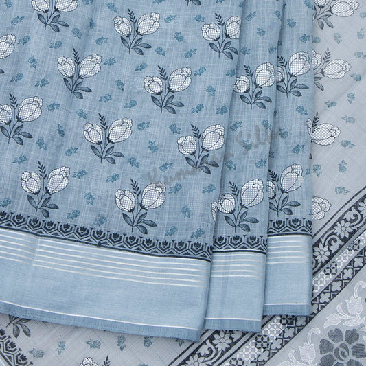 Chanderi Cotton Floral Printed Greyish Blue Saree