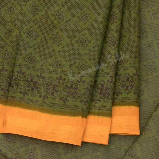 Sungudi Cotton Mehandi Green Printed Saree Without Blouse