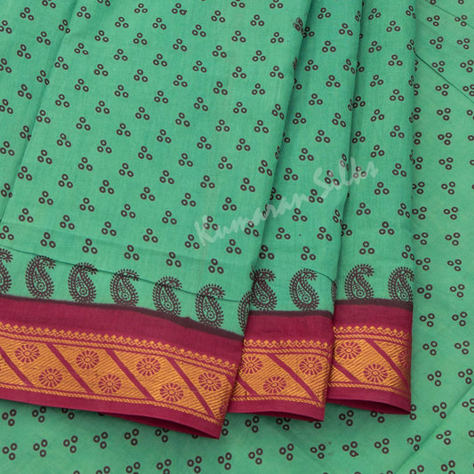 Sungudi Cotton Green Printed Saree Without Blouse 04
