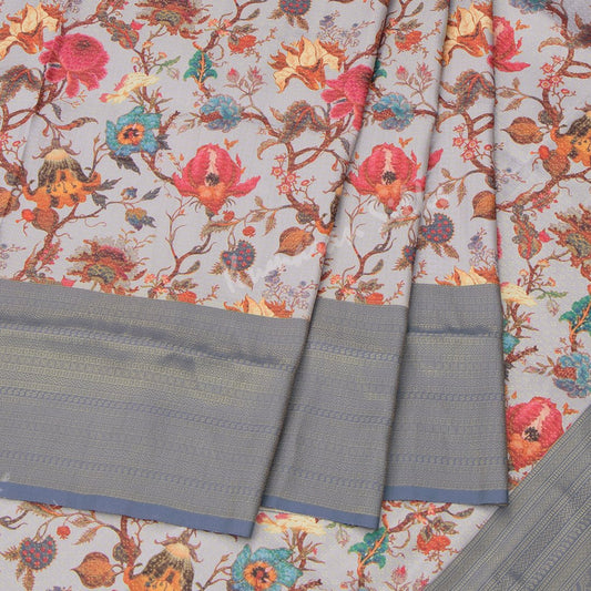 Semi Banaras Grey Floral Printed Saree