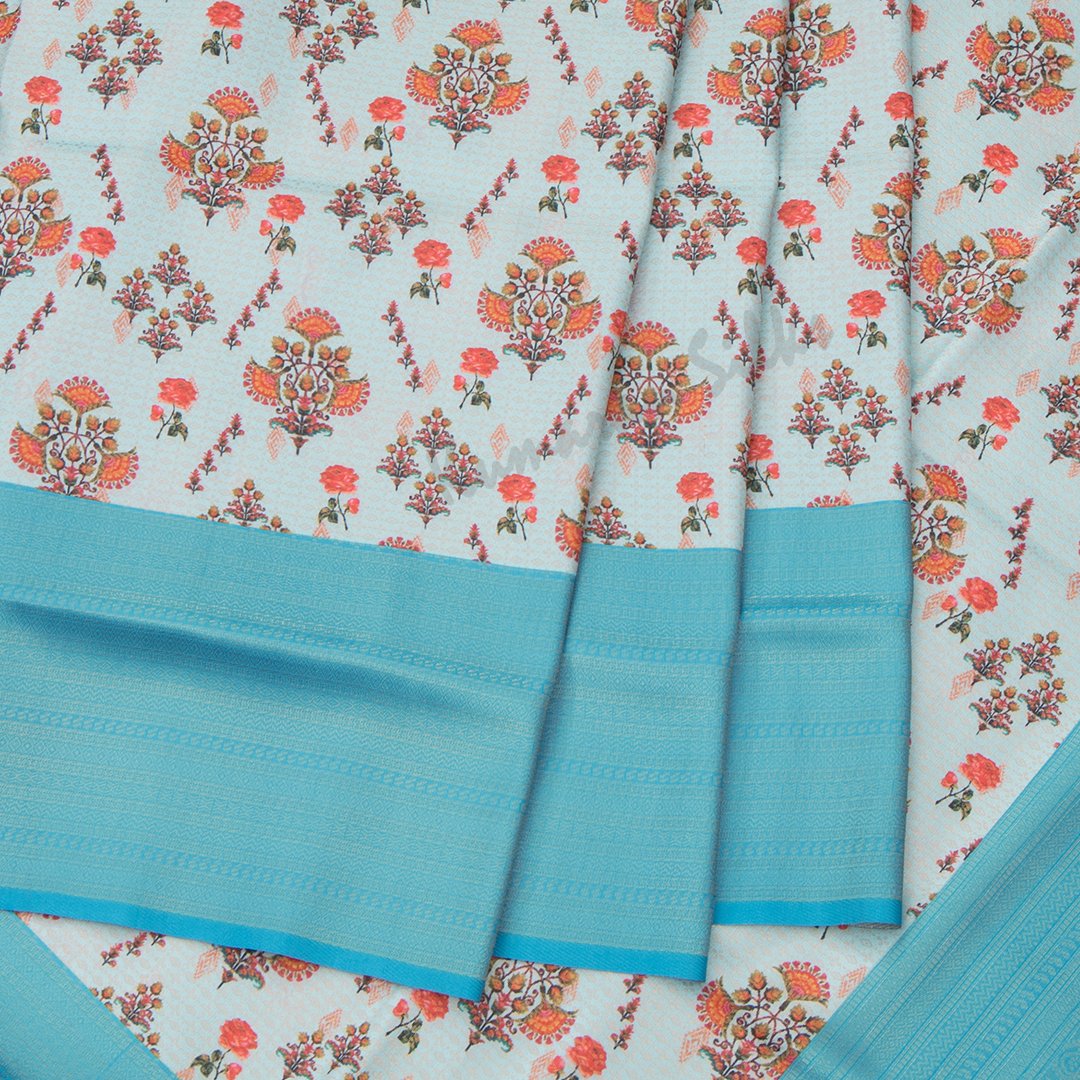 Semi Banaras Powder Blue Floral Printed Saree