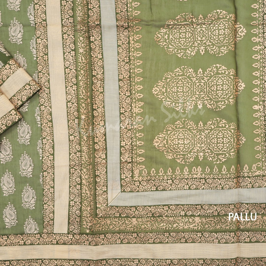 Chanderi Cotton Printed Olive Green Saree