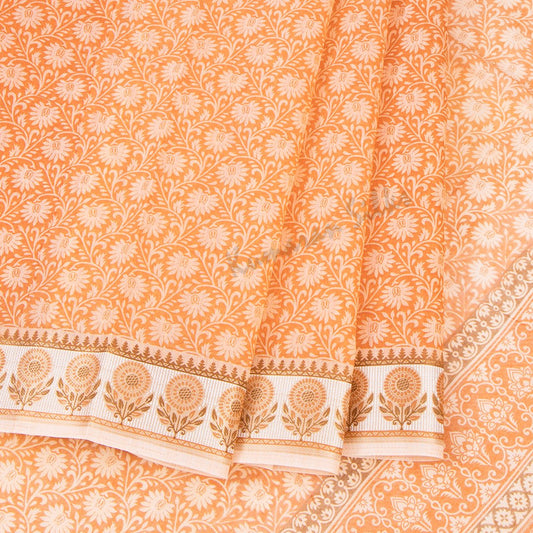Chanderi Cotton Orange Floral Printed Saree