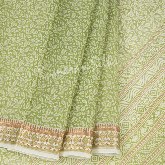 Chanderi Cotton Pista Green Leaf Printed Saree