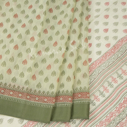 Chanderi Cotton Pista Green Printed Saree With Green Border