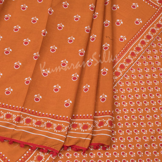 Mul Mul Cotton Orange Printed Saree