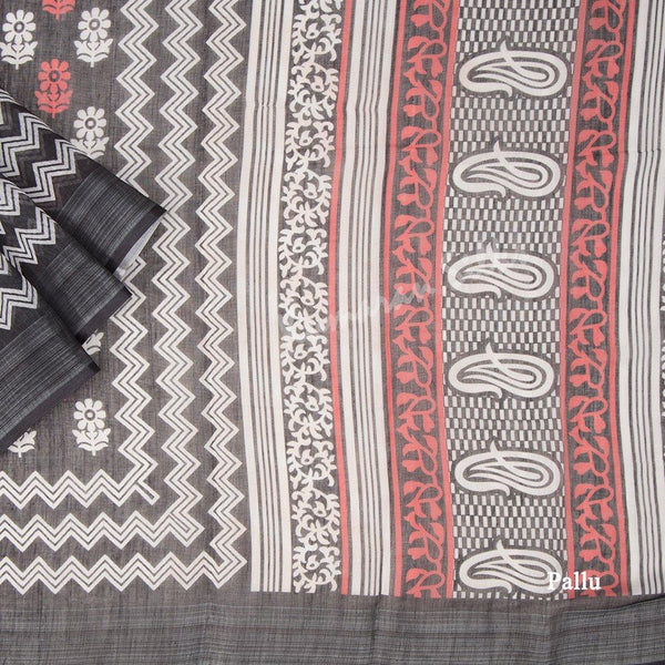 Semi Linen Black Printed Saree 02 - Kumaran Silks