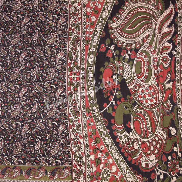 Kalamkari Cotton Black Printed Saree And Peacock Design On the Pallu - Kumaran Silks