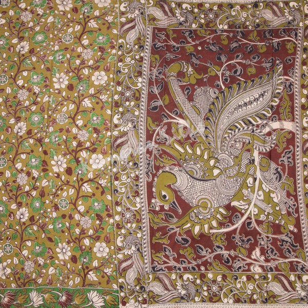Kalamkari Cotton Olive Green Printed Saree And Peacock Design On the Pallu - Kumaran Silks