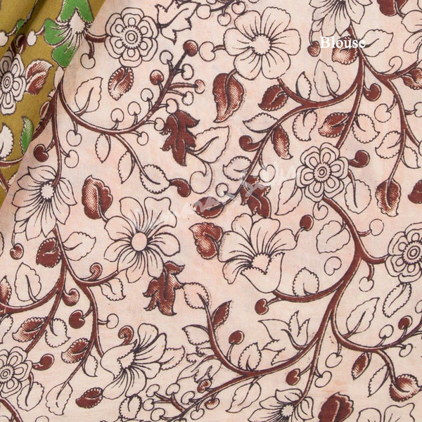 Kalamkari Cotton Olive Green Printed Saree And Peacock Design On the Pallu - Kumaran Silks