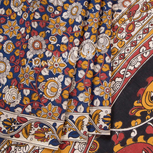 Kalamkari Cotton Dark Blue Printed Saree And Peacock Design On the Pallu 02